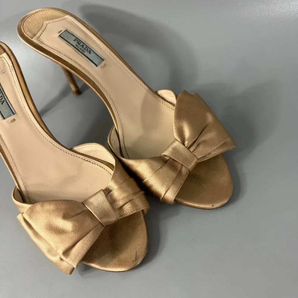 Authentic Prada Gold Silk Evening Mules with Asymmetric Bow, Size 39 1/2 - Picture 12 of 14